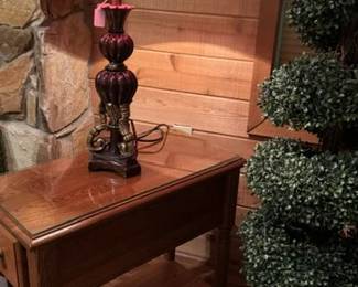 Table Light Wood w Drawer Shelf Lamp w Red Shade Spiral Tree