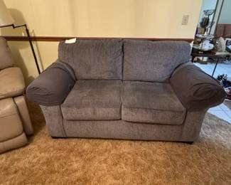 2 cushion couch and light tan leather chair
