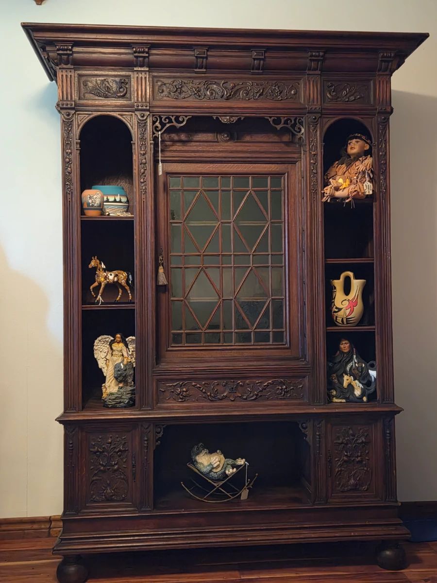 19th Century French Henri II Style Carved Oak Hunt Cabinet Bookcase