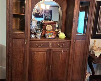 Antique Oak China Cabinet With Mirror & Side Display Towers