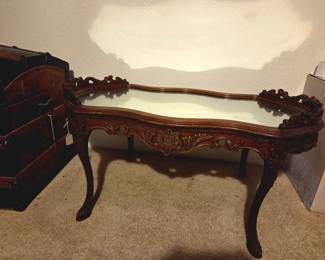 Mirror Top French -Style Carved Walnut Coffee Table
