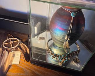 Native American- Style Spirit Jar & Squash Flower Torquise Silver Necklace