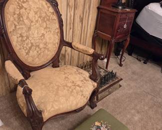Mid- 19th Century Victorian Walnut Parlor Armchair & Embroidered Footstool