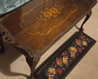 Vintage Mahogany CoffeeTable With Ornate Floral Inlay with Glasstop Protector & Needlepoint Kneeling Bench