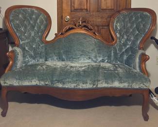 Antique Victorian Style Carved Wood Setee With Blue Velvet Upholstry