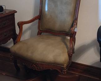 Vintage Louis XV Style Carved Leather Office Chair