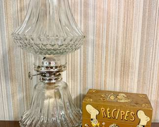 Vintage recipe box and hurricane lamp