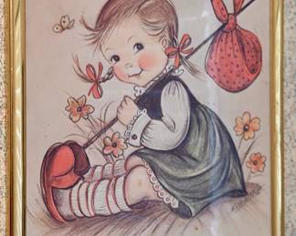 Vintage Framed Little Girl with Bindle