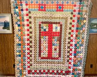 Vintage Handmade Cross Yo-Yo Quilt – 99” × 105” – 1,155 Hand-Sewn Yo-Yos