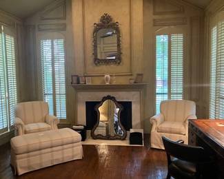Upholstried arm chairs, ottoman, many decorative mirror, partner desk/chair