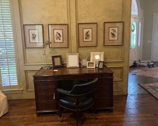 Partners desk, chair, frames, bird prints