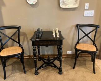 chess table, two drawers for chess pieces.  Pair of bent back chairs