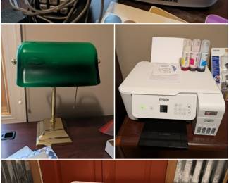 Vintage phones, office supplies, and large boat cooler 