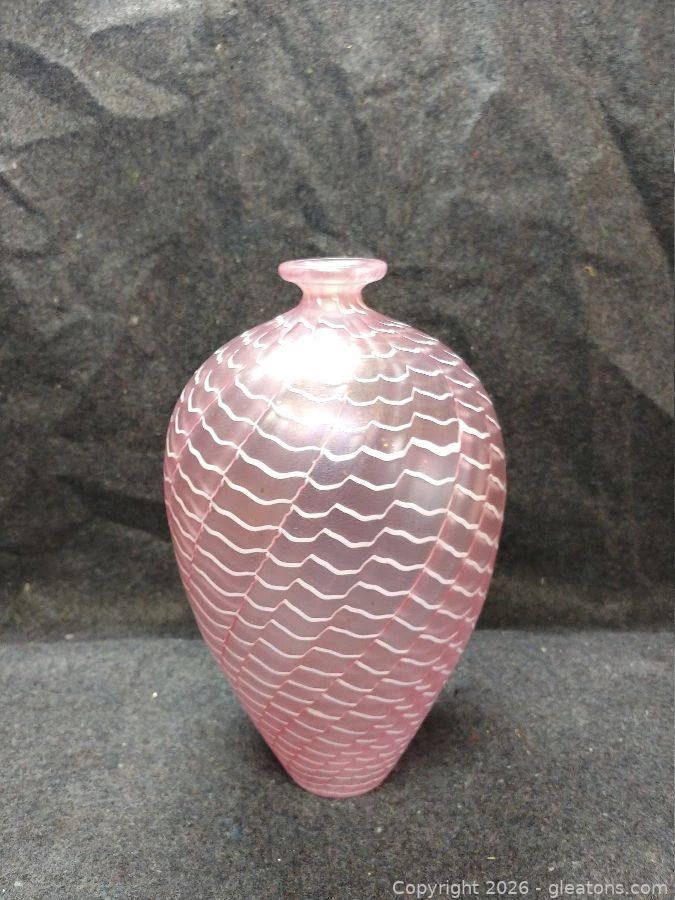 Vintage Signed Bertil Vallien Kosta Boda Iridescent Pink Vase with White Etched Pattern
