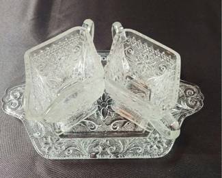 Diamond Shape Creamer and Sugar with Tray Sandwich Clear by Indiana Glass