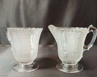 Vintage Early American Pressed Glass Cream and Sugar Set Popcorn Pattern 1880s