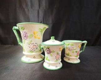 Vintage Haldon Group 1989 Pitcher Creamer and Sugar Bowl Purple Pink Yellow Flower with Vine Handle