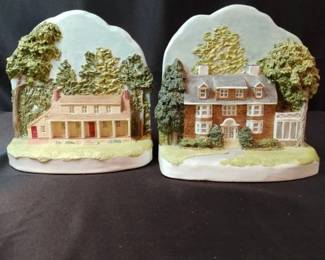 Vintage Pair of Ceramic Hand Painted Very Detailed House Bookends