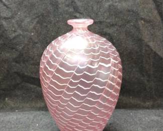 Vintage Signed Bertil Vallien Kosta Boda Iridescent Pink Vase with White Etched Pattern