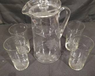 Grape Etched Glass Slender Lemonade Pitcher with Lid and 4 Matching Glasses