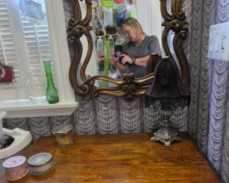 Antique Oak Washstand - Gold Gilded Antique Mirror