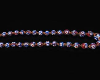 Vintage Venetian Millefiori Glass Bead Necklace with Red, White, and Blue Star Pattern