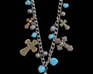 Southwestern Style Filigree Cross Necklace with Turquoise and Rhinestones