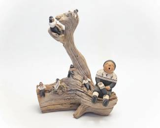 Vintage Storyteller Pottery Figurine on Driftwood, Not Signed