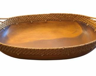 Oval Wood Serving Tray with Rattan Rim
