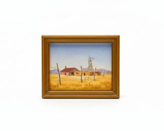 Miniature Western Landscape Oil Painting with Windmill