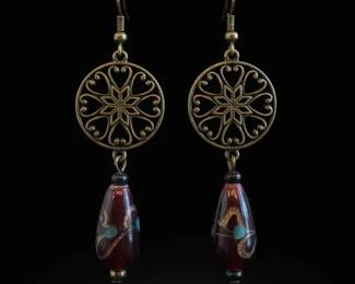 Victorian Style Antiqued Brass Filigree With Iris Red Teardrop Earrings