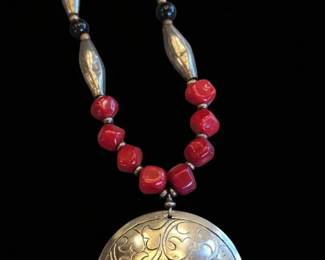 Tibetan Silver Red Coral and Black Stone Pendant Necklace