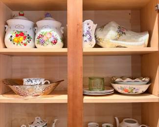 Glass serving bowls, Raspberrry teapot, floral teapot, and other vintage treasures,