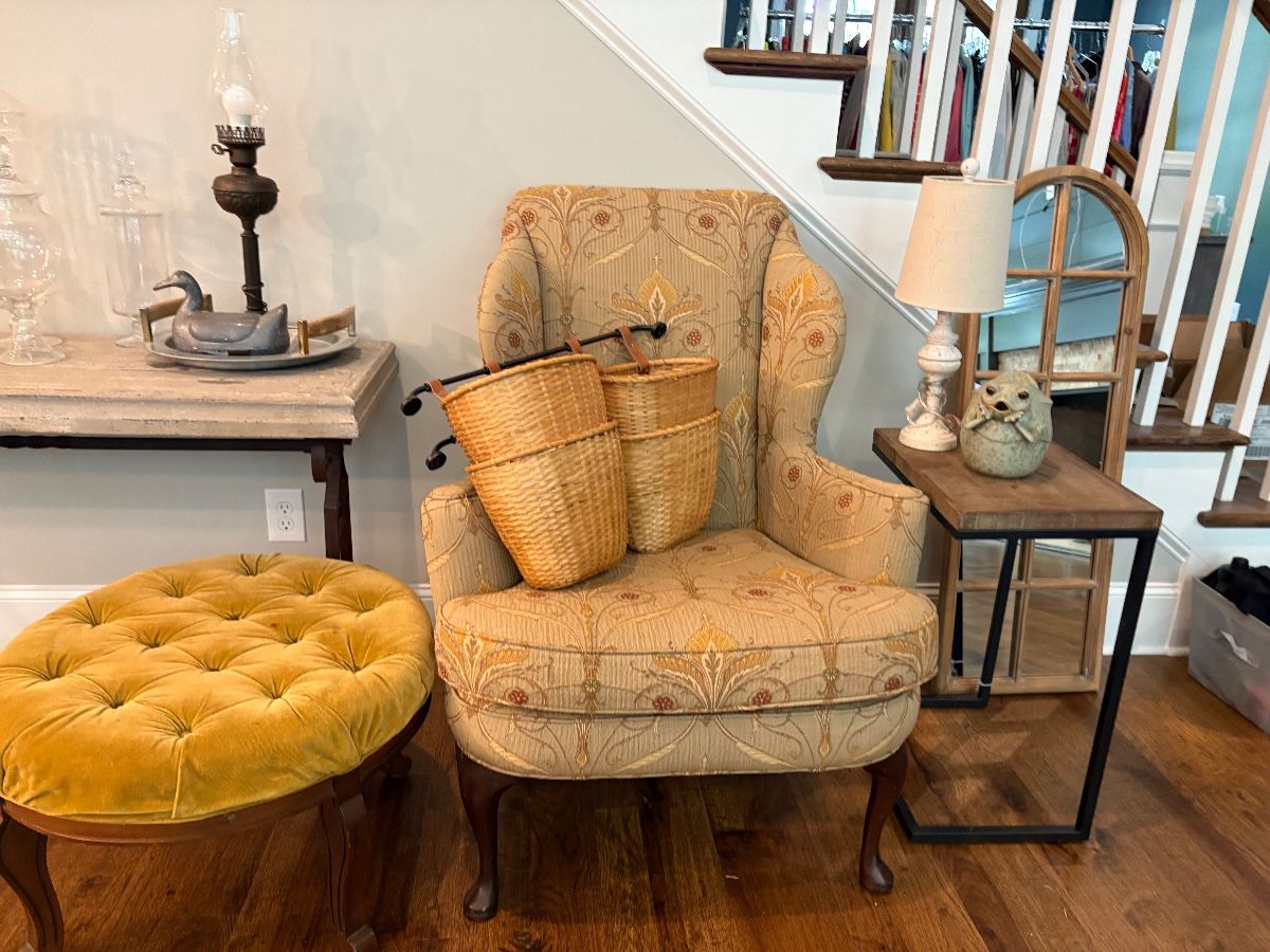 Arm Chair, Vintage ottoman, mirror, side tables, lamps