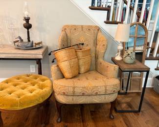 Arm Chair, Vintage ottoman, mirror, side tables, lamps 