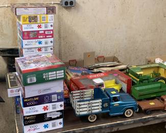 Vintage metal trucks (1960's), metal farm toys, puzzles