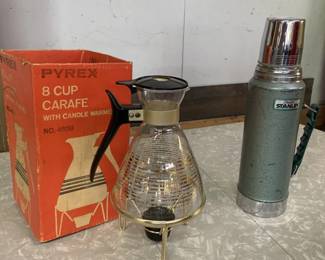 Pyrex 8 cup carafe with candle warmer, Aladdin Stanley thermos 1 qt