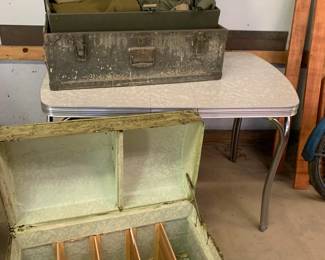 Vintage chrome formica table 1950's, Army footlocker and items, antique trunk