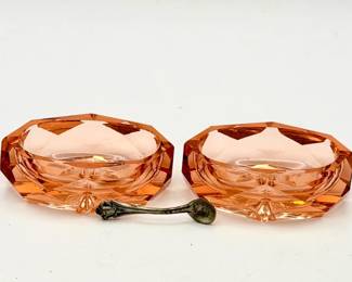 (2) Coin Silver Salt Spoons & (2) Vintage Depression Glass Salt Cellars