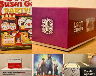 Fun Party Games Lot Includes Cards against humanity bigger blacker box Pandemic, board game, new sealed inbox Sushi go party new sealed inbox Drunk quest That’s what she said and into expansion packs