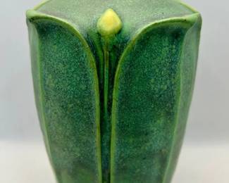 Jemerick Studio Pottery Vibrant Matte Green Sculptural Vase with Stylized Leaves and Yellow Buds