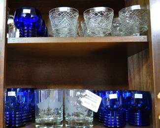 Pretty glassware includes Neiman and Marcus cocktail glasses