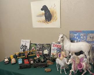 Collectible cars, cast iron locomotive/caboose, Dog magazines/books