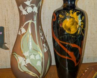 Pair of vases that include a Dickens Ware vase by Weller and one by Mozart Pottery