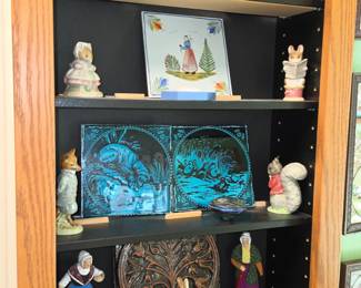 Beatrix Potter figurines and antique tiles