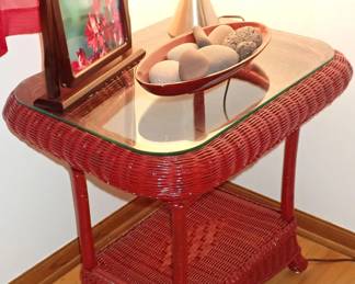 RED WICKER SIDE TABLE GLASS ON TOP