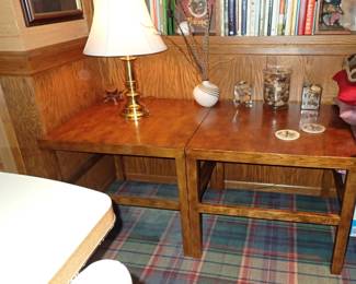 OAK END TABLES - BRASS LAMP