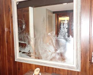 ETCHED WOLF MIRROR W/WHITE FRAME