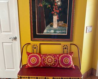 Painted metal Mexican bench, colorful poppy art.