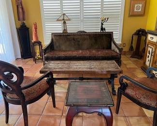 Antique carved wood sofa, plus two new side chairs inn matching fabric with Asian endtable.